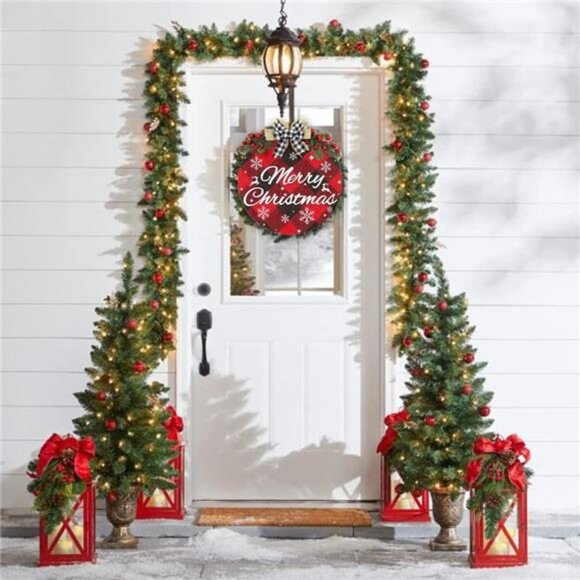 Merry Christmas Decoration Wreath Sign, Buffalo Plaid Welcome Sign - Picture 3 of 7